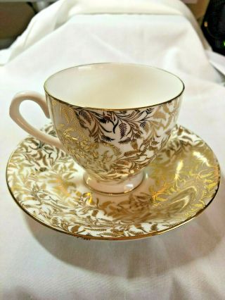 Vintage English Tea Cup And Saucer - Gold Gilt Filigree Leaf Pattern England