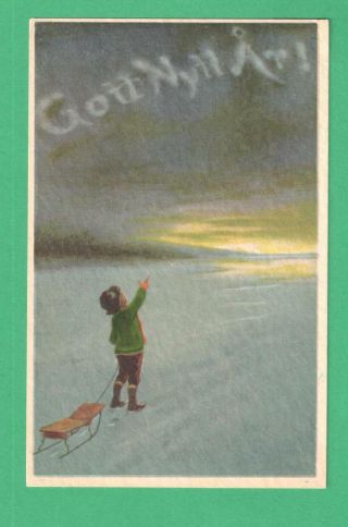 Vintage Swedish Year Postcard Boy Snow Sled Sunset Greetings In The Sky