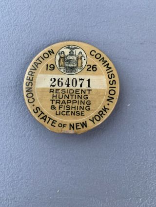 Vintage 1926 York State Resident Hunting,  Trapping,  Fishing License Pin