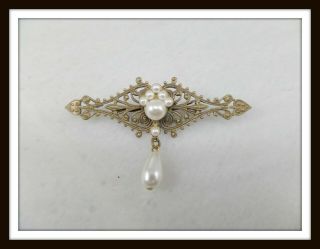 Vintage Gold - Tone Filigree Bar Brooch W/white Faux Pearl Details 4652
