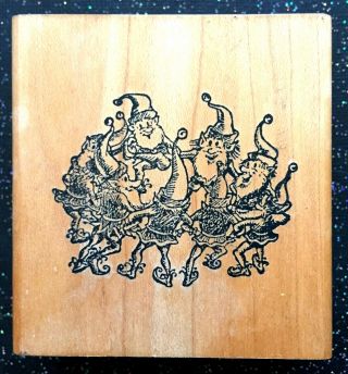 Vintage Rubber Stamp " Jolly Elf Dance Party " By Visions In Ink 3 X 2 1/2 "