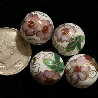4 Vintage White Pink Flowers Leaves Cloisonne Chinese Enamel Round Beads 12mm