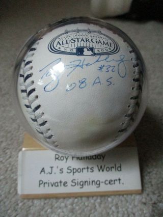 Roy Halladay Autographed 2008 All Star Baseball,  Number,  Inscription,