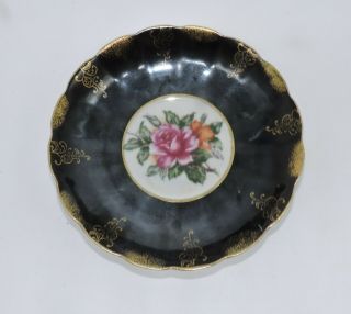 Vintage Japan Saucer Black With Gold Trim Pink Rose  A14