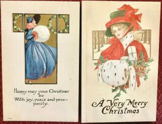 2 Vtg 1910 Christmas Postcards Victorian Ladies In Giant Hats & Muffs