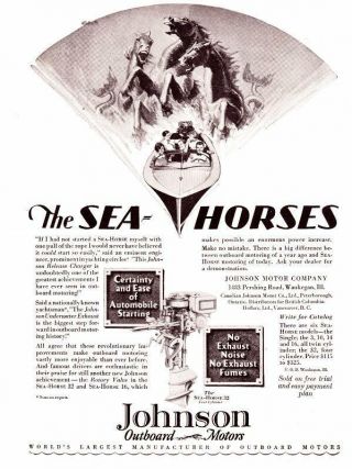1929 Vintage Ad Johnson Outboard Motors Sea Horse Model 32 Illustration