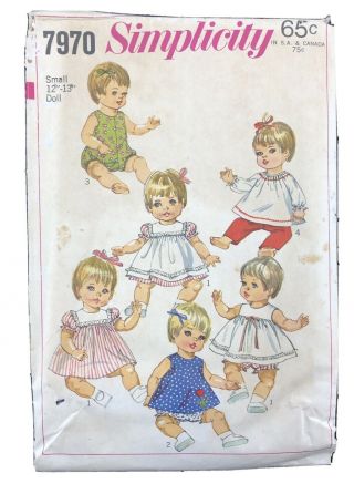 1968 Vintage Simplicity 7970 Baby Doll Clothes Pattern Small 12” - 13” Doll