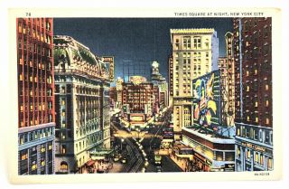Vintage Curt Teich Linen Postcard Times Square At Night York City Ny