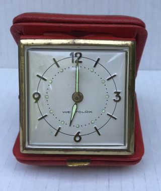 Vintage Westclox Travel Clock Red Leather Case.  Made In Germany