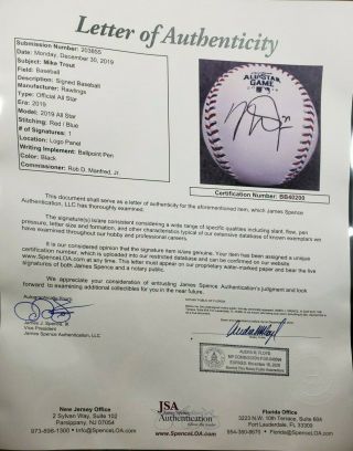 Mike Trout Signed Autographed 2019 All - Star Game Baseball JSA 3