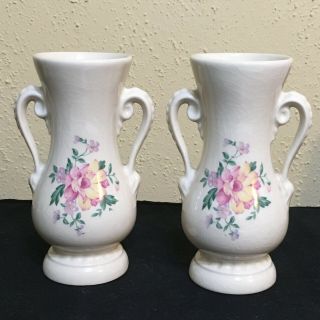 Vintage Royal Copley Handled Cream Colored Vase 6 " Pink Yellow Flowers