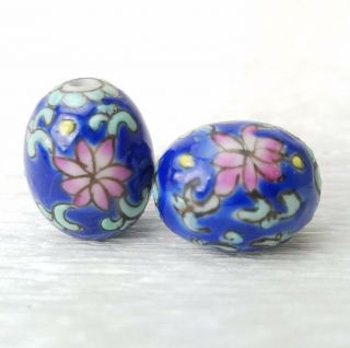 Vtg Rare Royal Blue Pink Flowers Pretty Chinese Porcelain Bead 18x14mm 2pc