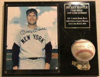Mickey Mantle Signed / Autographed Color 8 " X 10 " And Basebll On Plaque