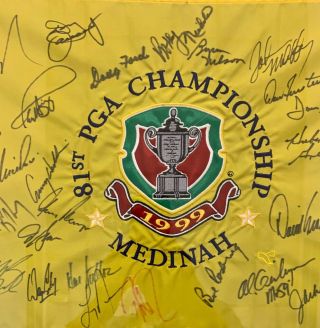 1999 81st Pga Championship Flag Signed By 27 Framed Under Glass