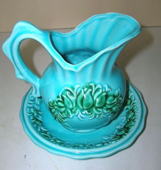 Vintage Enesco Small Pitcher And Bowl Set Ceramic Floral Design Japan Blue