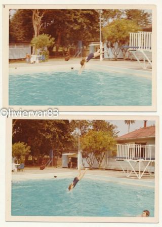 2 Vintage Photos 1972 - Girl In Diving Motion Swiming Pool