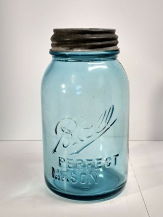 Vintage Ball 2d " Perfect Mason " Jar,  Blue W/bubbles & Zinc Lid,  2 D