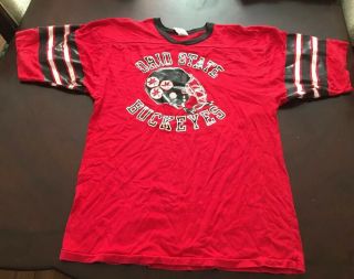 Vintage Ohio State Buckeyes V Neck T Shirt Piped Sleeves Large Mens Red Black