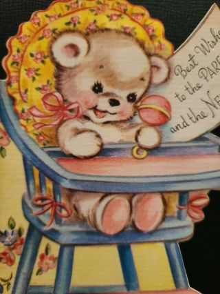Vtg Rust Craft Greeting Card Baby Best Wishes Parents Bear Highchair 1940s