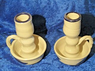2 Williamsburg Pottery 1996 Handmade Cobalt Salt Glazed Candle Holders Vintage