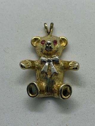 Vintage Teddy Bear W/ Red Eyes Gold Tone & Silver Color Charm Bracelet Pendent
