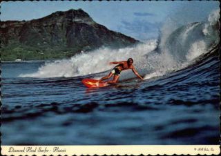 Waikiki Beach,  Hi Diamond Head And Surfer Honolulu County Hawaii Postcard Vintage