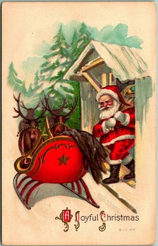 Vintage " A Joyful Christmas " Embossed Postcard Santa Claus Red Sleigh / Reindeer