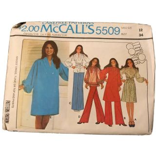 Vintage 1977 Mccall’s 5509 Size 12 Dress,  Tunic Or Top & Pants Sewing Pattern