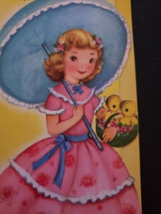 Vtg Rust Craft Easter Greeting Card M Cooper? Girl Lady Bonnet Basket Chicks 50s