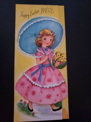 Vtg Rust Craft Easter Greeting Card M Cooper? Girl lady Bonnet Basket chicks 50s 2