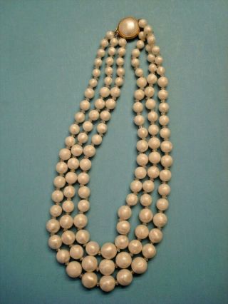 Vintage Crown Trifari 3 Multi Strand Faux Pearl Long Necklace W Decorative Clasp