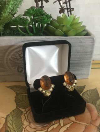 Stunning Vintage High End Amber Amber Glass & Ab Rhinestone Clip - On Earrings