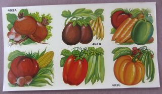Vintage 1950s Duro Decals Colorful Vegetables Variety 6 Decals 3 ½” Originals