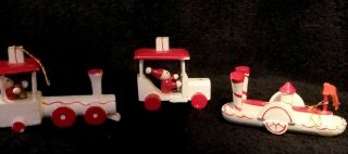 Set Of 3 Vintage Wooden Christmas Ornaments Santa In Train Car & Ship - Taiwan
