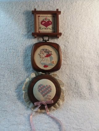 Vintage Cross Stitch Samplers - Set Of 3 - Two Hearts And A Witch