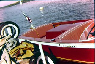 1950s Chris - Craft Cavalier Wood Boat Dock Lake Color Photo 35mm Slide Vintage