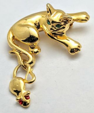 Vintage Cat,  Mouse Lapel Pin Brooch,  Gold Tone Red,  Green Rhinestone Pinback