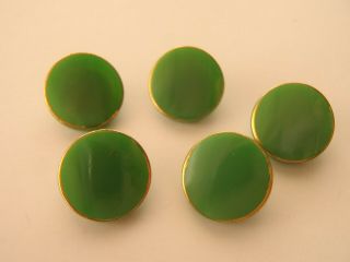 5 Vintage Green Glass Buttons Shanked Gold Trim 23mm Sew Knit Jewelry Craft