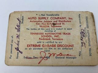 Vintage Student Membership Card For Tennessee Automotive Trade Schoo Rockwood Tn