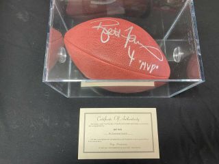 Brett Favre Mvp Nfl Game Issue Autographed Football And Display Case W/