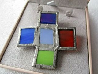 Vintage Hand Crafted Multi Coloured Leaded Glass Cross Brooch