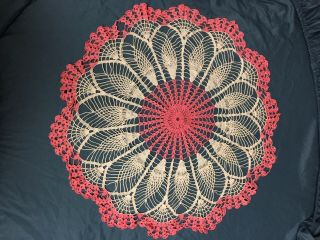 Vtg Large Pink & White Peacock Feather Doily Handmade Crocheted 21”