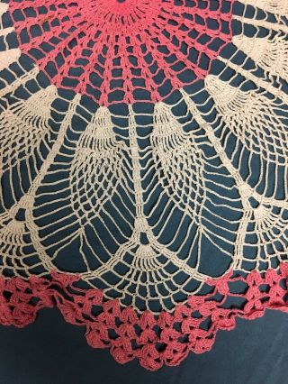 Vtg Large Pink & White Peacock Feather Doily Handmade crocheted 21” 2
