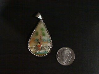 Vintage Antique Persian Birds Hand Painted Mother Of Pearl 2 Sided Pendant A15