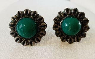 Vintage Mexico Sterling Silver Green Glass Cabochon Screw Back Earrings