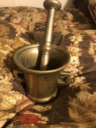 Vintage Heavy Solid Brass Mortar & Pestle Apothecary 5 In High Guc