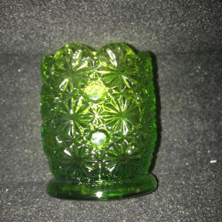 Vintage L.  E.  Smith Glass Toothpick Holder - Daisy & Button - Green Carnival