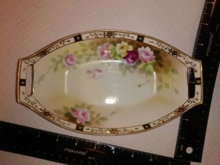 Vintage Nippon Hand Painted Pink Flowers Relish Tray Dish Gold Trim Open Handles