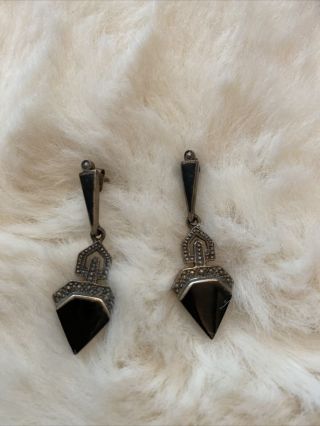 Art Deco Vintage Sterling Silver Black Onyx Earrings