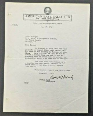 1943 Connie Mack Signed Letter Philadelphia A 